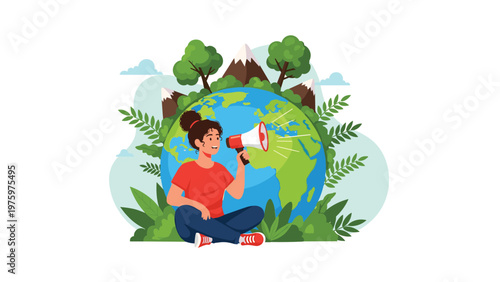 Passionate woman sitting comfortably beside a vibrant globe adorned with trees and mountains, holding a megaphone, symbolizing environmental advocacy and global awareness.