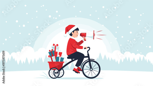 Cheerful child wearing a festive Santa hat, joyfully riding a bicycle with a cart full of gifts, holding a megaphone in a snowy landscape.