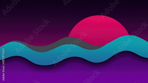 Vibrant Sunset over Serene Waves: A stylized illustration of a radiant sun setting over tranquil waves, depicting a scene of calm and natural beauty.