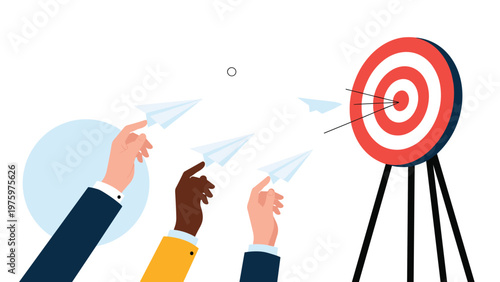 Diverse hands collaboratively launching paper airplanes towards a bullseye target, symbolizing teamwork, strategic planning, and collective goal achievement.
