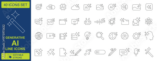 Generative AI line icons set, 40 artificial intelligence vector symbols with editable strokes, modern machine learning and neural network technology graphics
