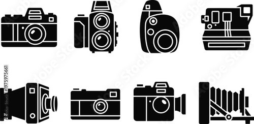 Camera silhouette vector icon set featuring vintage film cameras instant camera and modern photography equipment in clean flat style isolated on white background