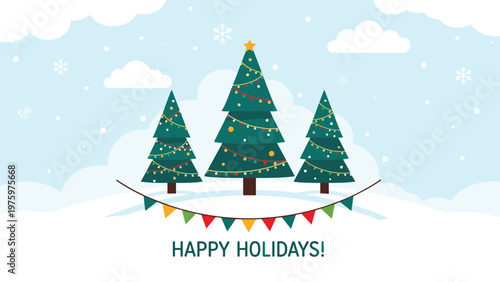 Festive scene with three beautifully decorated Christmas trees in a serene snowy landscape, adorned with colorful garlands, wishing "HAPPY HOLIDAYS!"