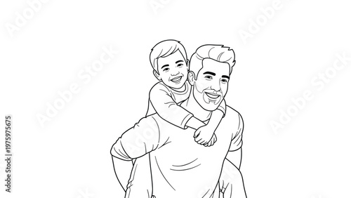 Joyful line art illustration capturing a happy father giving his smiling child a piggyback ride, symbolizing love, fun, and family bonding.