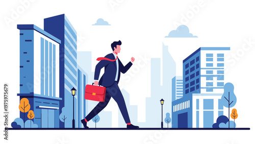 Determined businessman briskly running through a dynamic cityscape, carrying a briefcase, symbolizing professional urgency and rapid career progression.