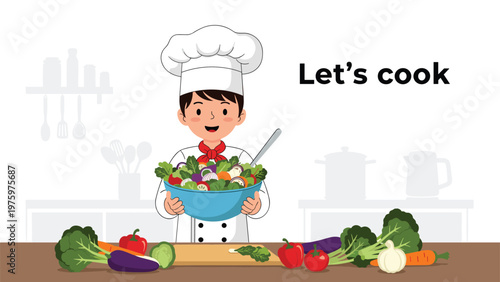 Enthusiastic young male chef cheerfully holding a vibrant bowl of fresh salad, invitingly stating "Let's cook" in a cozy kitchen setting.