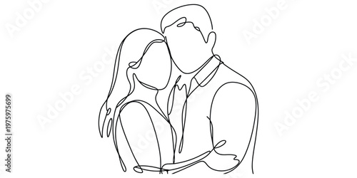 Continuous line drawing of a young couple embracing in a romantic and intimate artistic expression