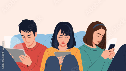 Three young people deeply engrossed in their digital devices, using smartphones and tablets, illustrating modern digital addiction and social media engagement.