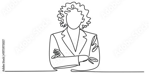 Continuous line drawing of a confident professional woman standing with her arms folded together
