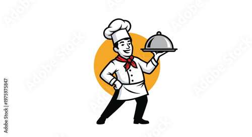 Smiling chef in white uniform and hat holding silver serving platter with dome lid against orange circular background.