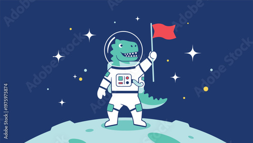 Playful cartoon dinosaur astronaut in a space suit stands on the moon holding a red flag, surrounded by stars, symbolizing space exploration and adventure.