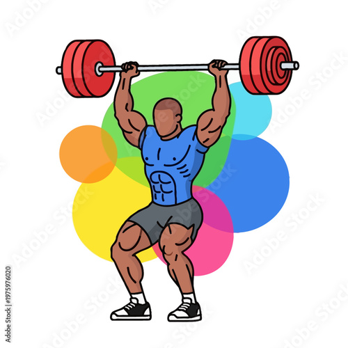 Muscular man lifting heavy barbell, fitness, weightlifting, strength training illustration