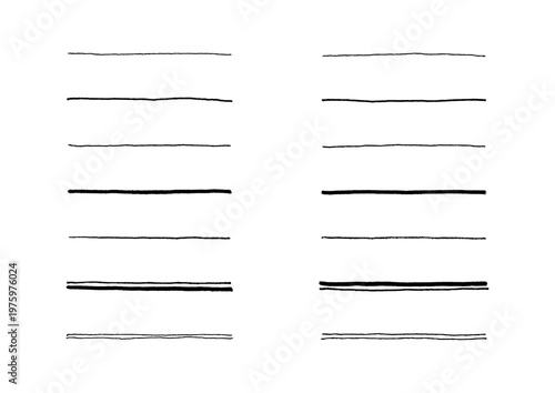 色々な太さのペンで書いた手描きの真っ直ぐな線のセット（黒）