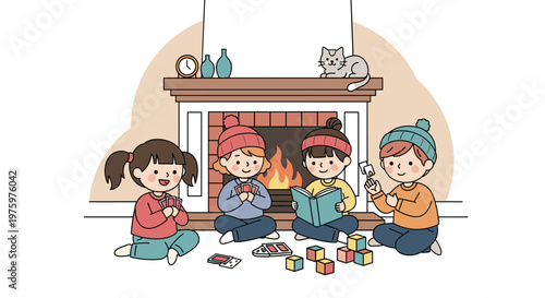 Group of four children sitting on floor in front of warm fireplace playing cards, reading book, and playing with blocks.