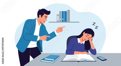 Angry businessman shouting and pointing at woman sleeping at her desk with open book and phone in office setting.