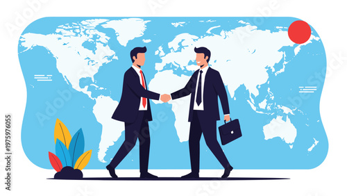 Two businessmen shake hands in front of a world map background, symbolizing global partnership, international business, and successful worldwide collaboration.