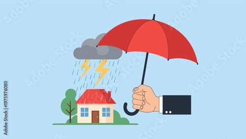 Giant hand holds a red umbrella over a small house during a thunderstorm with lightning, symbolizing home insurance or protection from natural disasters.