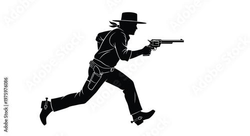 Black silhouette of cowboy in hat running while holding revolver gun isolated on white background in wild west style.
