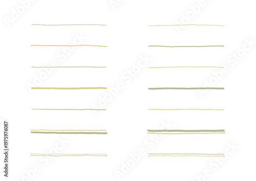 色々な太さのペンで書いた手描きの真っ直ぐな線のセット（黄色・緑）