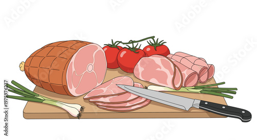 Various meat products including large ham, sliced salami, and tomatoes with green onions on wooden cutting board with knife.