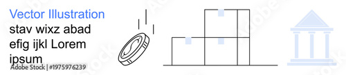 Financial systems, investments, banking, logistics, commerce, and monetary flow. Coin falling, stacked boxes and bank building. Financial systems and investments concept