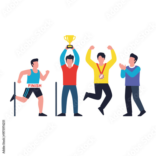 Sports Victory Celebration: Athletes Win Trophy and Medal at Finish Line