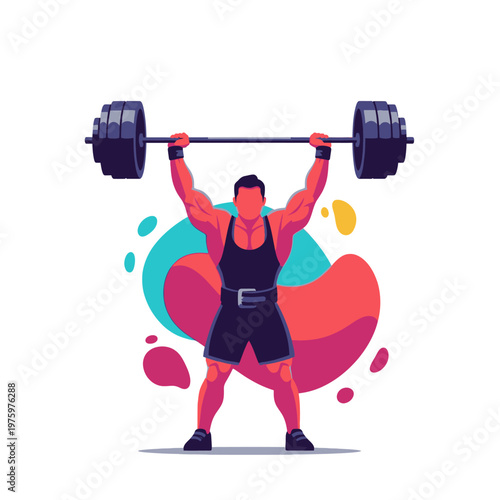 Strongman lifting heavy barbell overhead, dynamic abstract shapes background, fitness illustration