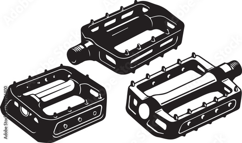 Set of three black bicycle pedals for mountain bikes