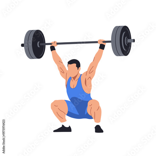 Weightlifter performing clean and jerk in blue singlet, isolated on white background.