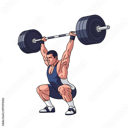 Weightlifter Performing Clean and Jerk Exercise with Heavy Barbell