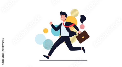 Businessman in suit running joyfully with briefcase while colorful abstract circles float in background on white.