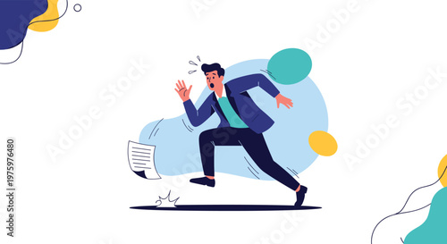 Worried businessman running fast while white papers fly away from him against blue and yellow abstract shapes.