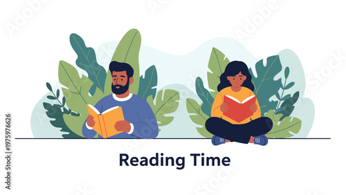 Diverse young man and woman sitting among lush green plants, reading books, with Reading Time text, promoting literacy and nature appreciation.