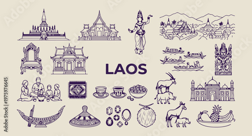 laos tourism and temple sketches, hand drawn luang prabang landmarks, aesthetic laotian culture doodles, creative laos travel icons, minimal southeast asia line art, scrapbook laos tourism elements, l