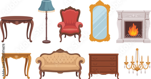 Classic vintage living room furniture set flat vector illustration with sofa armchair mirror fireplace table lamp and chandelier decor