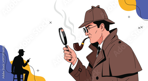 Detective wearing trench coat and hat holding magnifying glass while smoking pipe with silhouette in background.