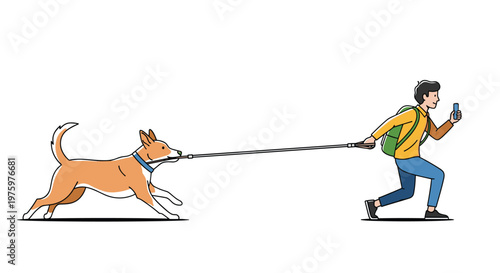 Energetic brown and white dog running and pulling its owner on leash while man tries to look at his smartphone.