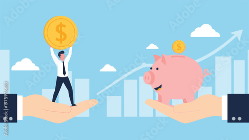 Businessman holding a large dollar coin over an outstretched hand, opposite another hand holding a piggy bank, symbolizing investment and savings.