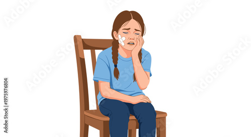Sad young girl sitting on a wooden chair with a bandage on her cheek appearing to have a painful toothache or facial injury.