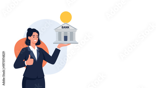 Confident businesswoman holds a miniature bank building and gives a thumbs-up, symbolizing banking services, financial investment, and successful money management.