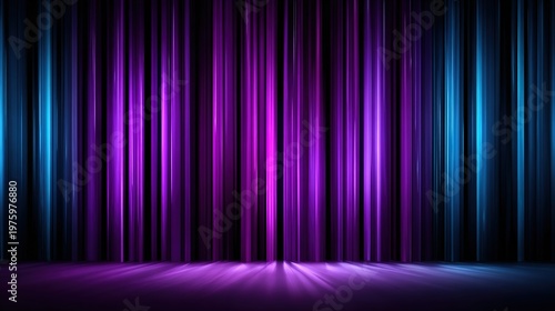 Abstract stage with vibrant curtain: a mesmerizing stage backdrop featuring vertical stripes, illuminated with gradient hues of violet, purple and blue.