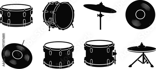 Drum set percussion instruments silhouette vector icon collection featuring bass drum snare drum cymbals hi hat and music kit elements arranged in grid layout isolated on white background