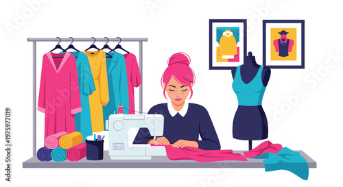 Fashion designer working at her sewing machine in a studio surrounded by colorful fabrics and professional dress forms.
