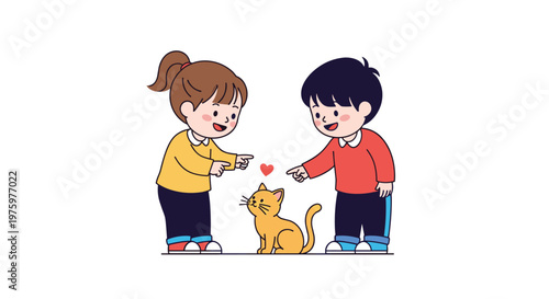 Two happy young children, a boy and a girl, pointing at a small orange kitten with a red heart symbol floating above it.