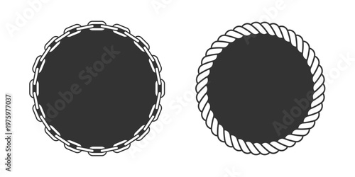 Two circle frame with blank space inside. Chain and rope two framings. Graphic design templates. Symbols isolated on white background. Vector illustration