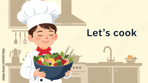 Happy young boy chef in a white toque and red scarf holds a large bowl of fresh, colorful salad, with Let's cook text, in a stylized kitchen.