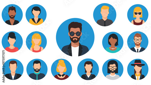 Large collection of diverse male and female avatars or user icons in flat design style, showcasing different hairstyles, glasses, and expressions within circles.