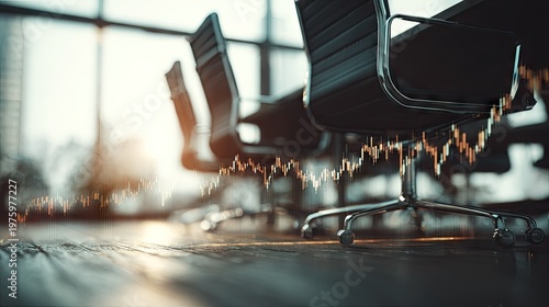Corporate meeting room setting features an overlay of financial market data analysis.