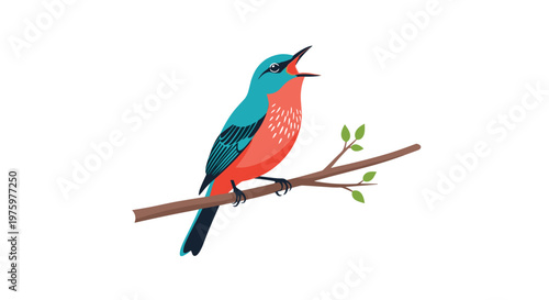 Small blue and red songbird perched on a blossoming branch with its beak open as if it is singing a beautiful melody.