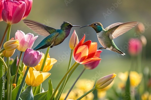 Two iridescent hummingbirds interacting among vibrant pink and orange tulips flowers
